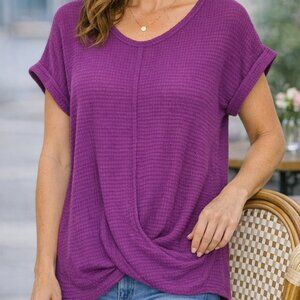 Purple Waffle Knit Twist Front Top Tee Short Sleeve Large Stretch Casual